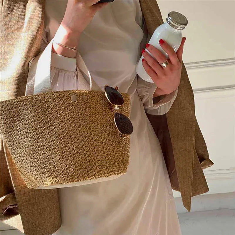 Bolso efecto rafia con asas de tela
