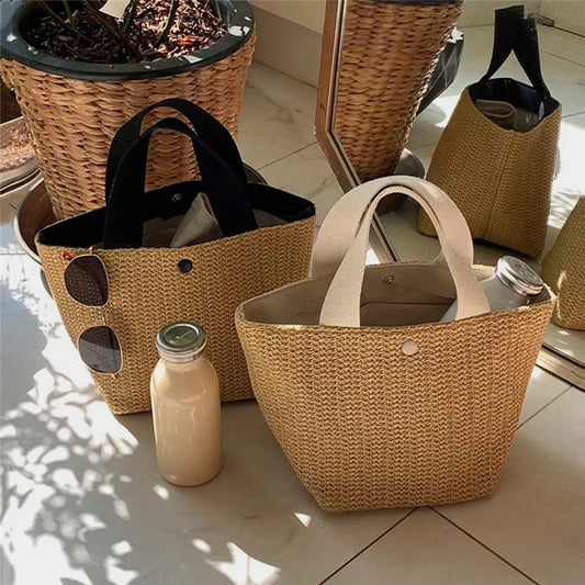 Bolso efecto rafia con asas de tela