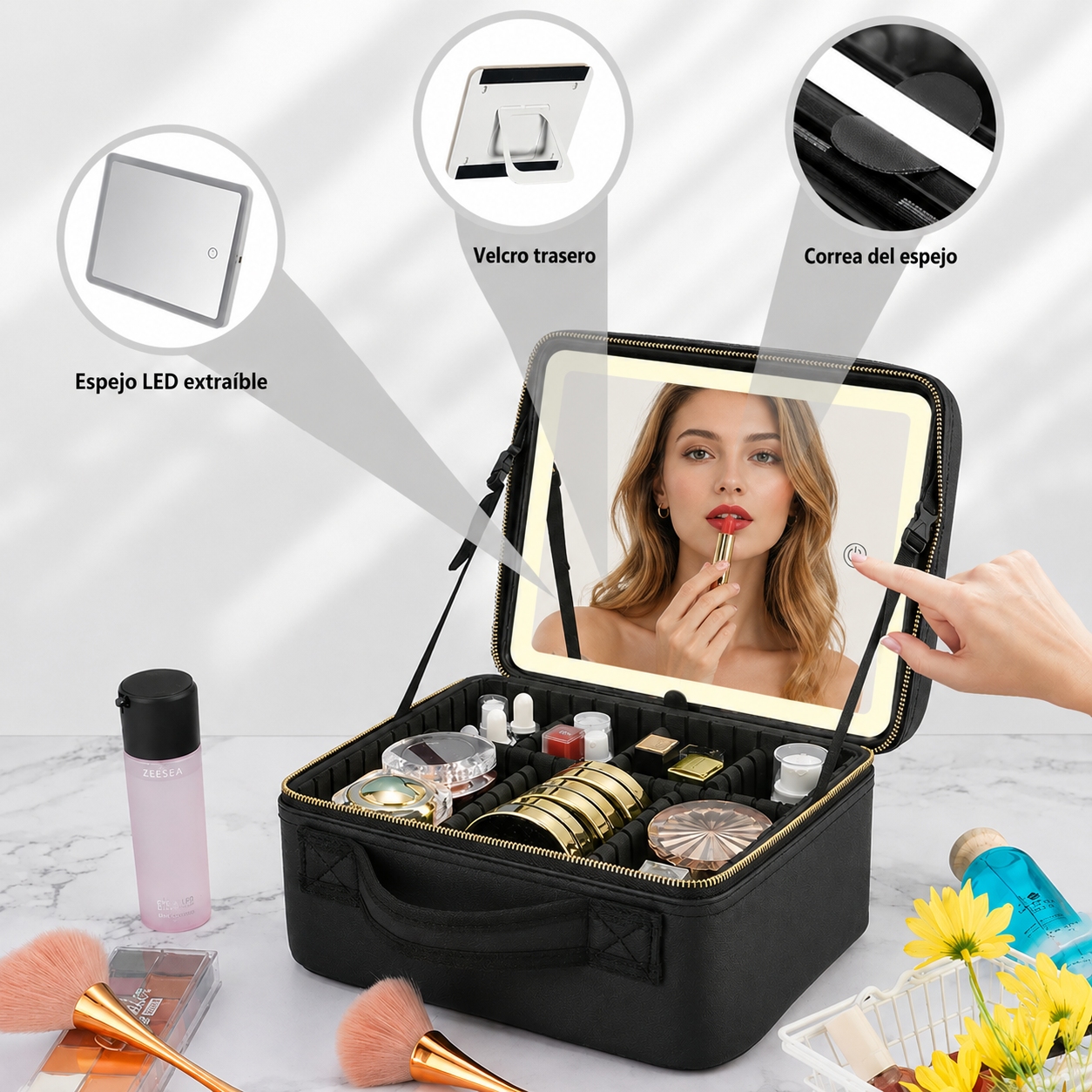 ✨ Maletín Organizador de Maquillaje Portátil con Espejo LED ✨